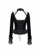 Sexy Black Woven With Delicate Lace Front Center Tie Pleated Hem Design Gothic Style Low Cut Long Sleeved Top
