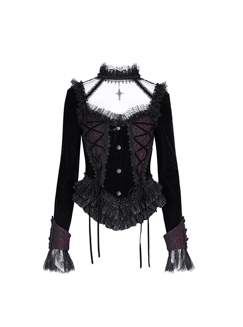 Sexy Black Woven With Delicate Lace Front Center Tie Pleated Hem Design Gothic Style Low Cut Long Sleeved Top