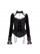 Sexy Black Woven With Delicate Lace Front Center Tie Pleated Hem Design Gothic Style Low Cut Long Sleeved Top