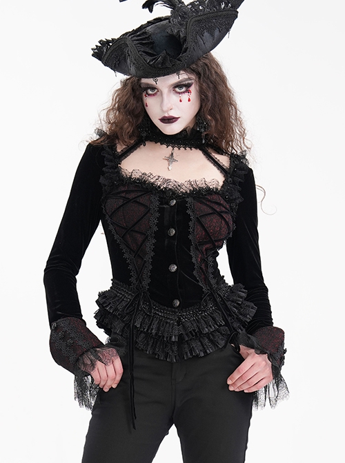 Sexy Black Woven With Delicate Lace Front Center Tie Pleated Hem Design Gothic Style Low Cut Long Sleeved Top