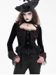 Sexy Black Woven With Delicate Lace Front Center Tie Pleated Hem Design Gothic Style Low Cut Long Sleeved Top