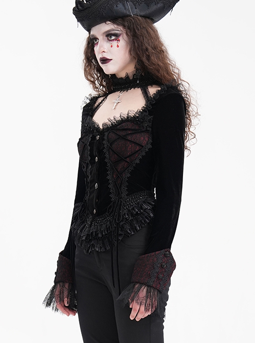 Sexy Black Woven With Delicate Lace Front Center Tie Pleated Hem Design Gothic Style Low Cut Long Sleeved Top