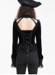 Sexy Black Woven With Delicate Lace Front Center Tie Pleated Hem Design Gothic Style Low Cut Long Sleeved Top