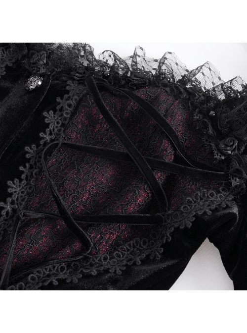 Sexy Black Woven With Delicate Lace Front Center Tie Pleated Hem Design Gothic Style Low Cut Long Sleeved Top