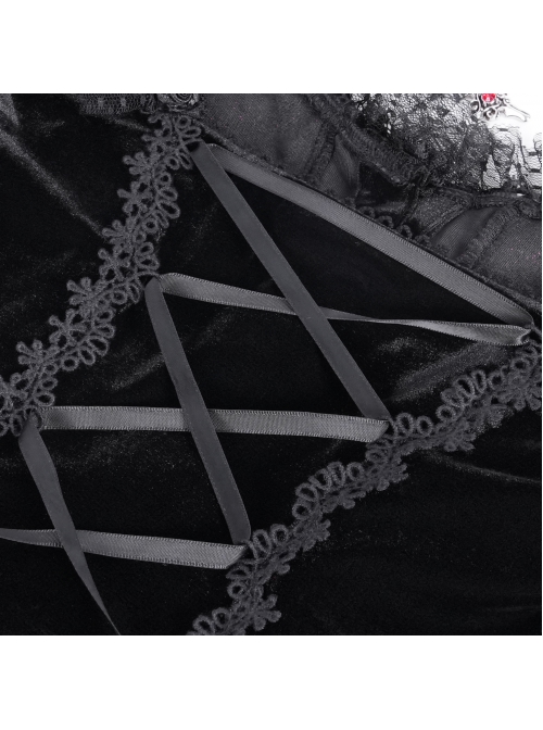 Sexy Black Woven With Delicate Lace Front Center Tie Pleated Hem Design Gothic Style Low Cut Long Sleeved Top