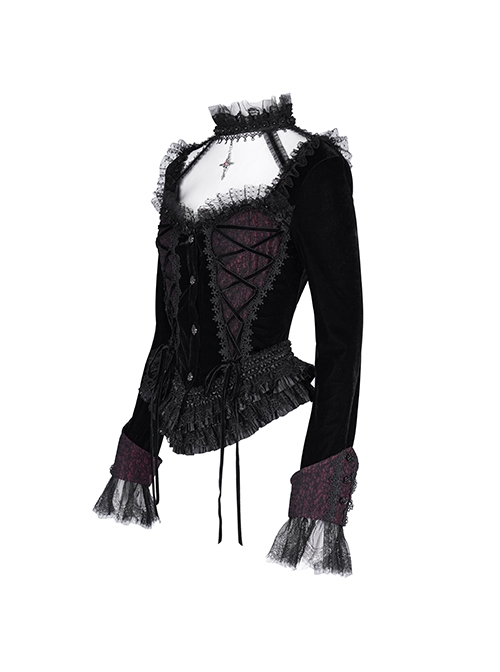Sexy Black Woven With Delicate Lace Front Center Tie Pleated Hem Design Gothic Style Low Cut Long Sleeved Top