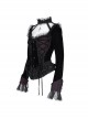 Sexy Black Woven With Delicate Lace Front Center Tie Pleated Hem Design Gothic Style Low Cut Long Sleeved Top