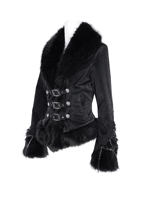 Black Warm Woolen Exquisitely Printed With Chinese And Japanese Buttons On The Front Gothic Style Long Sleeved Jacket