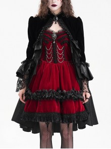 Elegant Black Front Center Hollow Gem Halter Neck With Pleated Lace Ruffled Gothic Style Long Sleeved Jacket