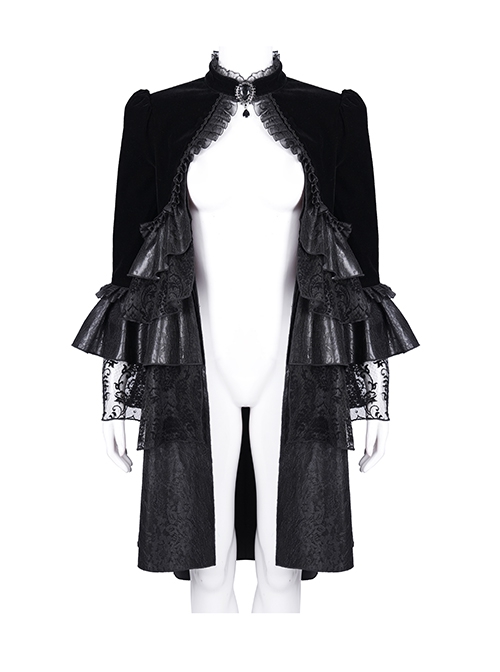 Elegant Black Front Center Hollow Gem Halter Neck With Pleated Lace Ruffled Gothic Style Long Sleeved Jacket