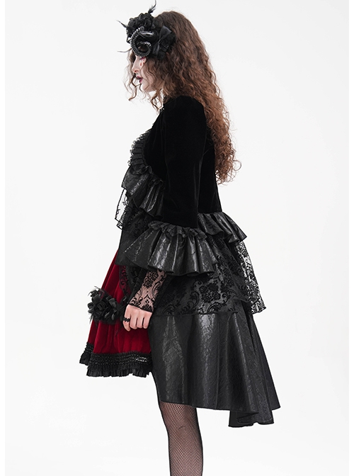 Elegant Black Front Center Hollow Gem Halter Neck With Pleated Lace Ruffled Gothic Style Long Sleeved Jacket