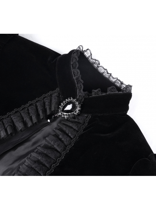 Elegant Black Front Center Hollow Gem Halter Neck With Pleated Lace Ruffled Gothic Style Long Sleeved Jacket