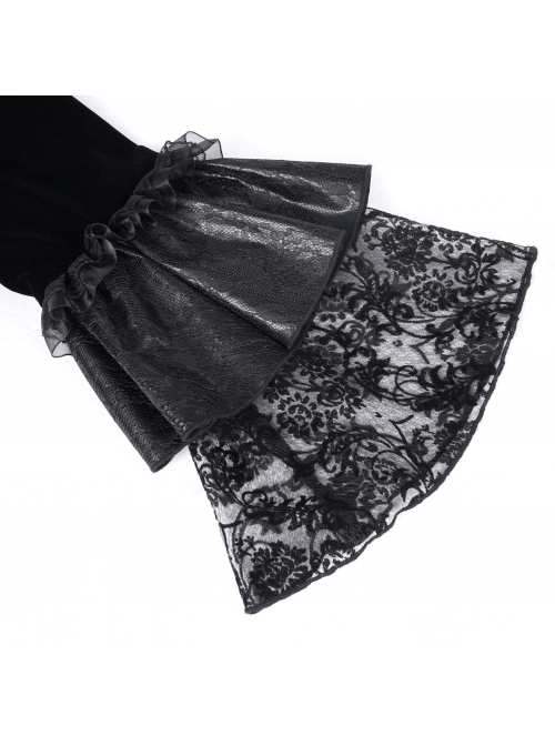 Elegant Black Front Center Hollow Gem Halter Neck With Pleated Lace Ruffled Gothic Style Long Sleeved Jacket