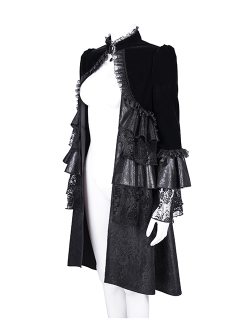 Elegant Black Front Center Hollow Gem Halter Neck With Pleated Lace Ruffled Gothic Style Long Sleeved Jacket