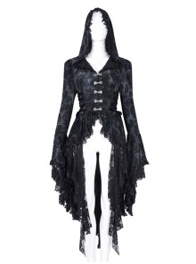 Elegant Black Front Center Hollow Exquisite Button With Pleated Lace Ruffled Gothic Style Long Sleeved Hooded Jacket