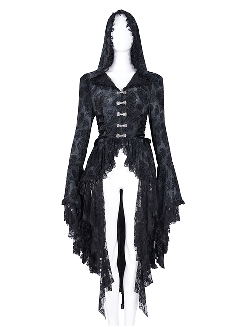 Elegant Black Front Center Hollow Exquisite Button With Pleated Lace Ruffled Gothic Style Long Sleeved Hooded Jacket