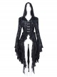 Elegant Black Front Center Hollow Exquisite Button With Pleated Lace Ruffled Gothic Style Long Sleeved Hooded Jacket