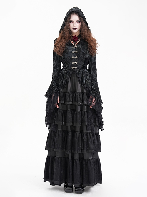 Elegant Black Front Center Hollow Exquisite Button With Pleated Lace Ruffled Gothic Style Long Sleeved Hooded Jacket