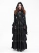 Elegant Black Front Center Hollow Exquisite Button With Pleated Lace Ruffled Gothic Style Long Sleeved Hooded Jacket