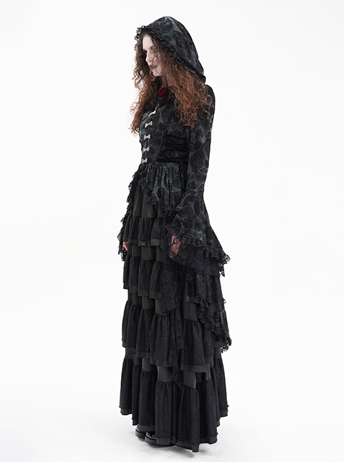 Elegant Black Front Center Hollow Exquisite Button With Pleated Lace Ruffled Gothic Style Long Sleeved Hooded Jacket