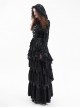 Elegant Black Front Center Hollow Exquisite Button With Pleated Lace Ruffled Gothic Style Long Sleeved Hooded Jacket