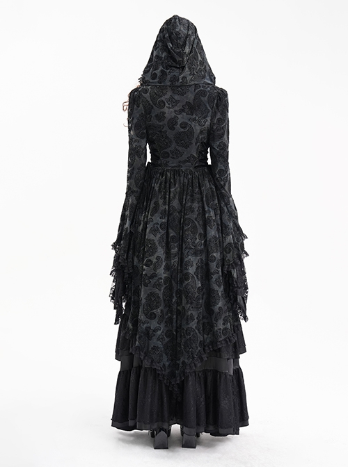Elegant Black Front Center Hollow Exquisite Button With Pleated Lace Ruffled Gothic Style Long Sleeved Hooded Jacket