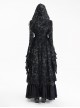 Elegant Black Front Center Hollow Exquisite Button With Pleated Lace Ruffled Gothic Style Long Sleeved Hooded Jacket