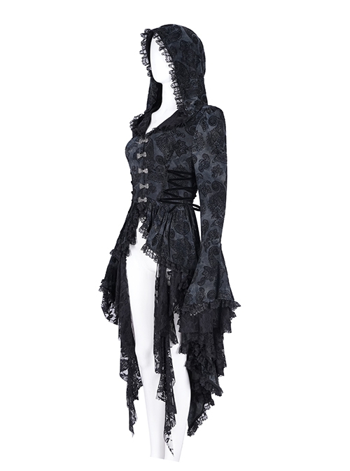 Elegant Black Front Center Hollow Exquisite Button With Pleated Lace Ruffled Gothic Style Long Sleeved Hooded Jacket