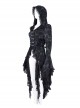 Elegant Black Front Center Hollow Exquisite Button With Pleated Lace Ruffled Gothic Style Long Sleeved Hooded Jacket
