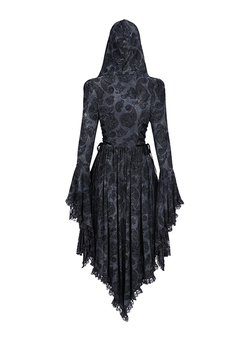 Elegant Black Front Center Hollow Exquisite Button With Pleated Lace Ruffled Gothic Style Long Sleeved Hooded Jacket
