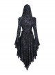 Elegant Black Front Center Hollow Exquisite Button With Pleated Lace Ruffled Gothic Style Long Sleeved Hooded Jacket