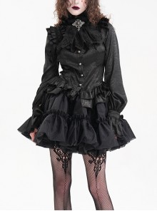 Black Woven Printed Pattern Shoulder Pleats With Layered Hem Gothic Style Stand Up Collar Long Sleeve Shirt