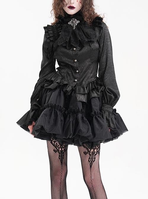 Black Woven Printed Pattern Shoulder Pleats With Layered Hem Gothic Style Stand Up Collar Long Sleeve Shirt