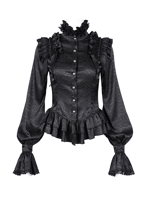 Black Woven Printed Pattern Shoulder Pleats With Layered Hem Gothic Style Stand Up Collar Long Sleeve Shirt