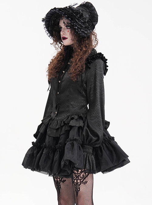 Black Woven Printed Pattern Shoulder Pleats With Layered Hem Gothic Style Stand Up Collar Long Sleeve Shirt