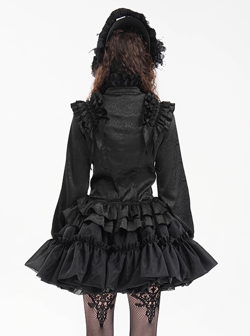 Black Woven Printed Pattern Shoulder Pleats With Layered Hem Gothic Style Stand Up Collar Long Sleeve Shirt