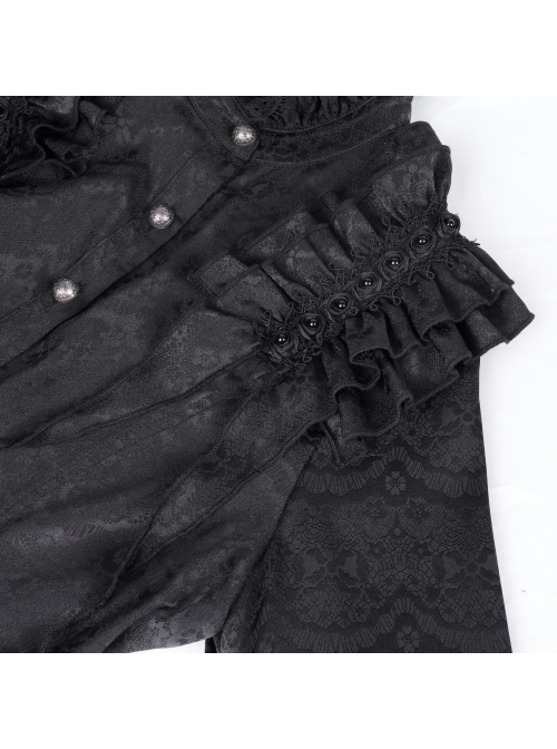 Black Woven Printed Pattern Shoulder Pleats With Layered Hem Gothic Style Stand Up Collar Long Sleeve Shirt
