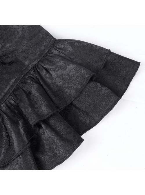 Black Woven Printed Pattern Shoulder Pleats With Layered Hem Gothic Style Stand Up Collar Long Sleeve Shirt