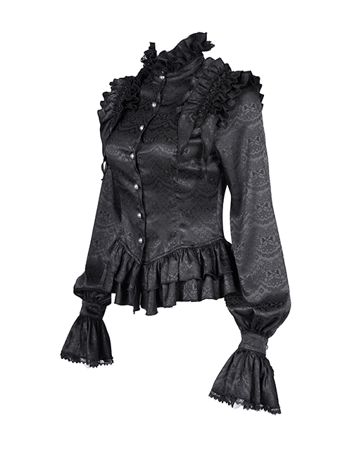 Black Woven Printed Pattern Shoulder Pleats With Layered Hem Gothic Style Stand Up Collar Long Sleeve Shirt