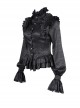 Black Woven Printed Pattern Shoulder Pleats With Layered Hem Gothic Style Stand Up Collar Long Sleeve Shirt