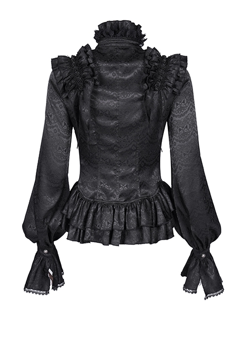Black Woven Printed Pattern Shoulder Pleats With Layered Hem Gothic Style Stand Up Collar Long Sleeve Shirt
