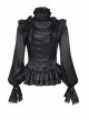 Black Woven Printed Pattern Shoulder Pleats With Layered Hem Gothic Style Stand Up Collar Long Sleeve Shirt