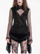 Sexy Black Flower Print With Hollow Mesh Long Sleeves A Delicate Cross Pendant Decoration Gothic Style Carved Top
