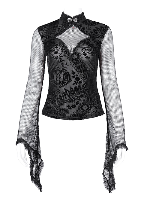 Sexy Black Flower Print With Hollow Mesh Long Sleeves A Delicate Cross Pendant Decoration Gothic Style Carved Top