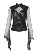 Sexy Black Flower Print With Hollow Mesh Long Sleeves A Delicate Cross Pendant Decoration Gothic Style Carved Top