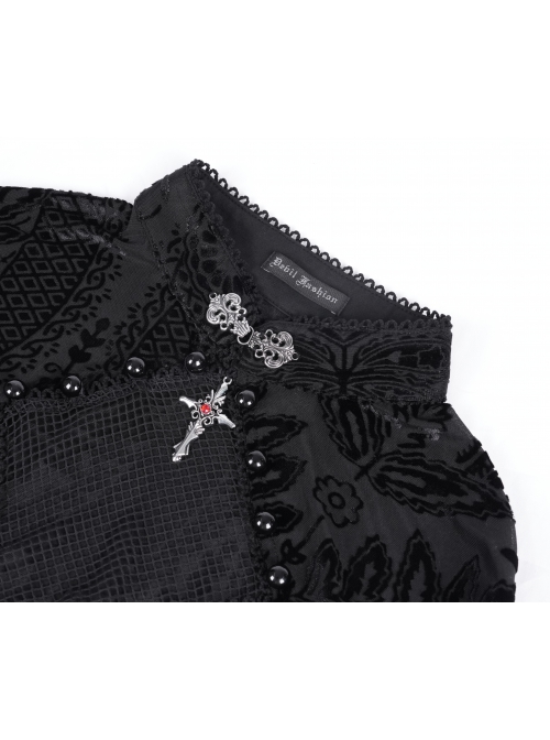 Sexy Black Flower Print With Hollow Mesh Long Sleeves A Delicate Cross Pendant Decoration Gothic Style Carved Top