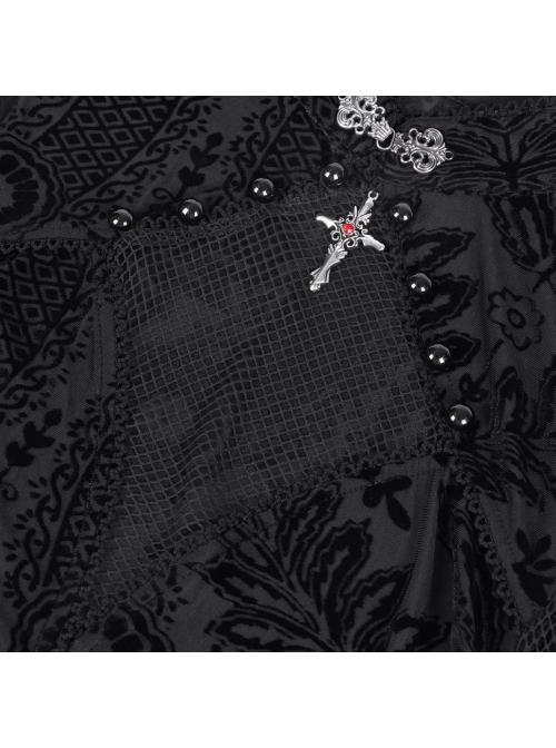 Sexy Black Flower Print With Hollow Mesh Long Sleeves A Delicate Cross Pendant Decoration Gothic Style Carved Top
