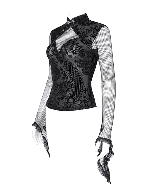 Sexy Black Flower Print With Hollow Mesh Long Sleeves A Delicate Cross Pendant Decoration Gothic Style Carved Top