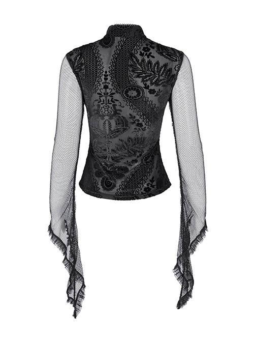 Sexy Black Flower Print With Hollow Mesh Long Sleeves A Delicate Cross Pendant Decoration Gothic Style Carved Top