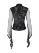 Sexy Black Flower Print With Hollow Mesh Long Sleeves A Delicate Cross Pendant Decoration Gothic Style Carved Top
